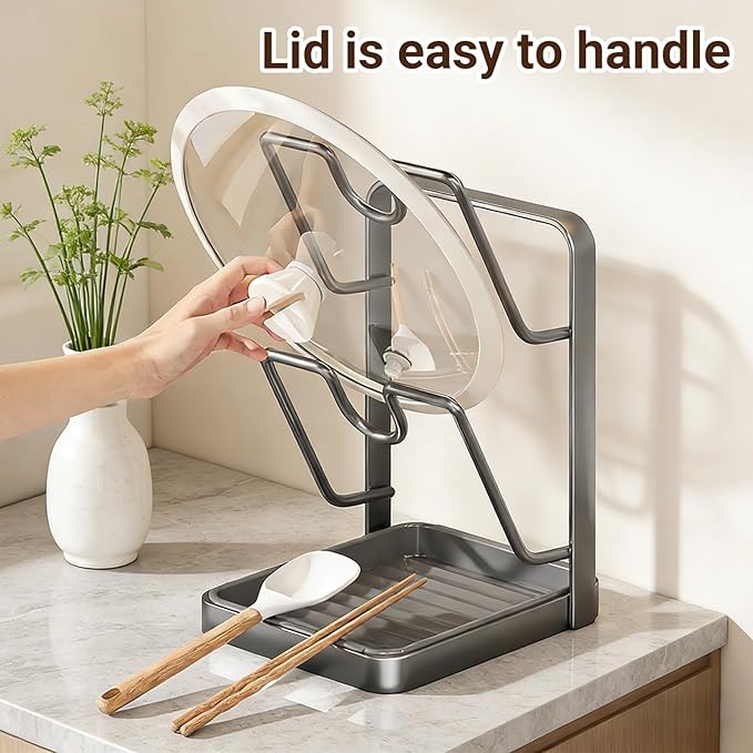 Kitchen Pot Lid Storage Rack for stove top 304 Stainless Steel Pot kitchen pot lid storage – Space-Saving Rack with Removable Drip Tray for Lids & Utensils Double layered Black