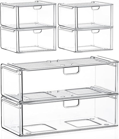 caktraie Acrylic Storage Drawers Set of 6, Clear Makeup Organizer, Plastic Organizer Bins for Beauty Supplies,Ideal for Vanity, Bathroom,Cabinet,Pantry Organization