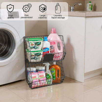 2 Pack Laundry Room Organization and Storage Basket,Wire Stackable Hanging Shelves with 2 Hook,Foldable Laundry Room Accessories Organizer,Hanging Closet Organizer for Towels,Detergent,Tissues