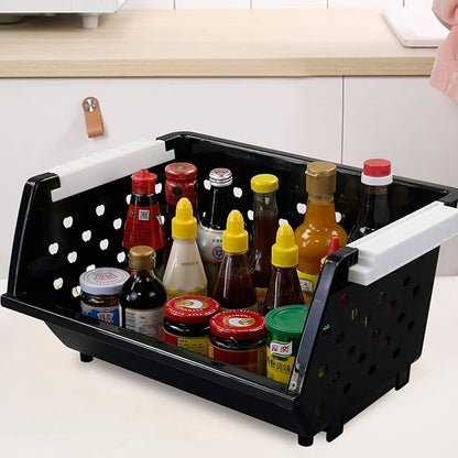 3-Pack Plastic Stackable Organizer Basket, Stacking Storage Basket, Black