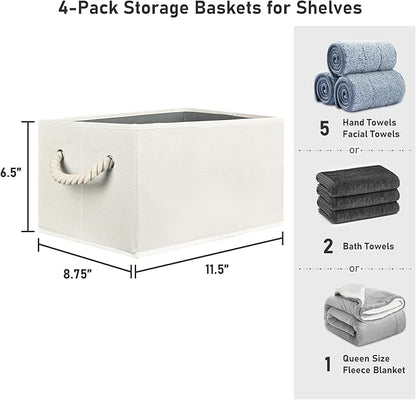Closet Storage Bins, Linen Closet Organizers and Storage Basket for Shelves, Collapsible Shelf Baskets for Organizing Shelves, Bedroom Clothes Basket, Beige, 4 Pack