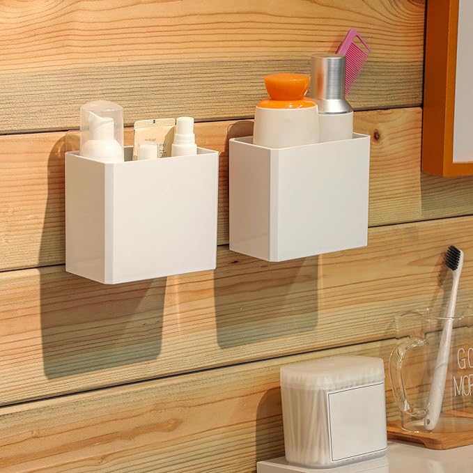 Suclain 4 Pcs Wall Mounted Organizer Non-Drilling Adhesive Floating Shelf White Wall Bin Organizer Hanging Storage Containers for Bedroom Bathroom Kitchen Office