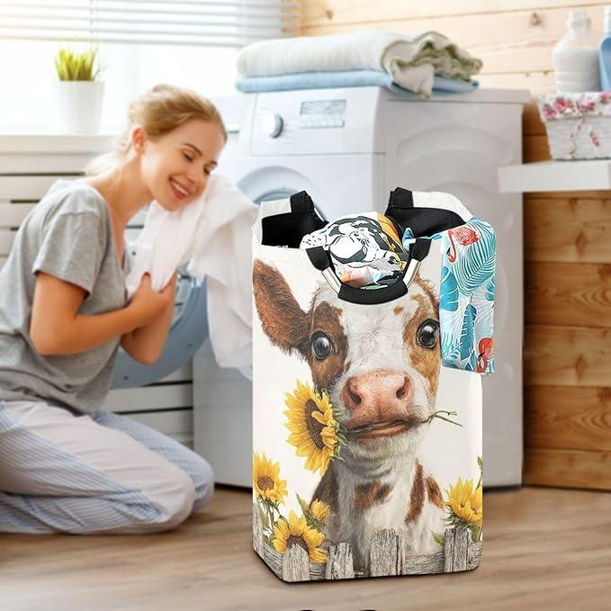 Laundry Hamper Basket Fall Farm Cow White Storage Basket Collapsible Laundry Bag with Handle Decorative Organizer Bins Basket for Laundry Room Decor Bedroom Dorm