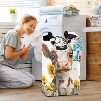 Laundry Hamper Basket Fall Farm Cow White Storage Basket Collapsible Laundry Bag with Handle Decorative Organizer Bins Basket for Laundry Room Decor Bedroom Dorm