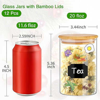 Glass Jars with Bamboo Lids 20 oz, 12 Pcs Stackable Kitchen Glass Pantry Storage Containers with Airtight Bamboo Lids for Rice, Candy, Sugar, Flour, Nuts, Cookie, Bean