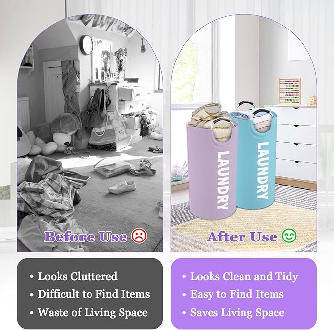 Set of 2 Collapsible Laundry Baskets with Handles, 95L Big Laundry Hampers for Bedroom, Waterproof Clothes Baskets, Independent Dirty Clothes Hamper for Travel, Nursery, Purple/Blue