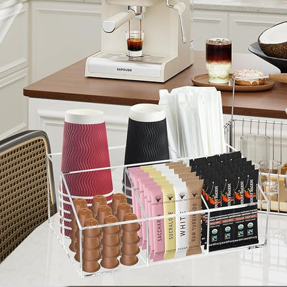 Coffee Bar Station Organizer for Countertop, Acrylic Coffee Pods Sugar Packets Tea Bags Storage Basket for Countertop, Clear
