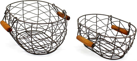 CVHOMEDECO. Oval Wire Egg Baskets Rustic Fruit Baskets with Wooden Handles Primitives Vintage Gathering Basket. Rusty, Set of 2