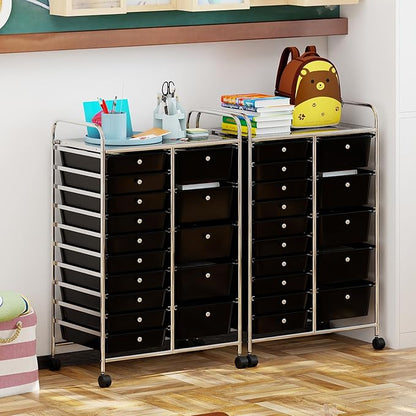 Giantex 15 Drawer Rolling Cart with Drawers, Storage Organizer Cart for Classroom Office School Teacher, Mobile Drawer Cart for Tools, Crafts, Small Printer, Black