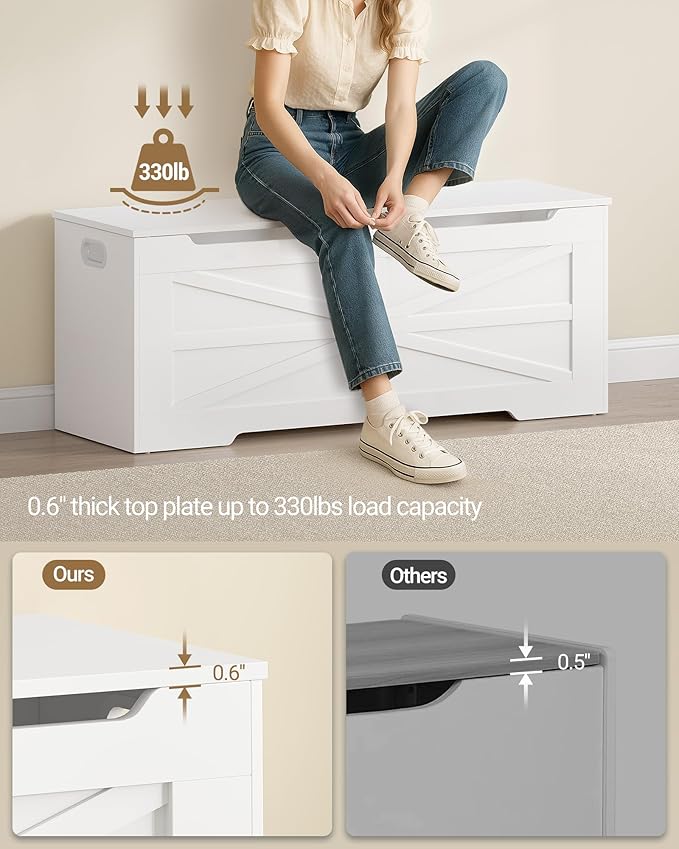 47.2" Storage Chest, Extra Large Storage Trunk with 2 Hinges, Wooden Box Bench, Lift-Top Organizer Chest, Shoe Bench for Entryway, Bedroom, Living Room, White SB13403X