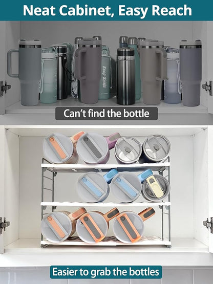 Upgraded Large Expandable Water Bottle Organizer for 40 oz Stanley, Owala & Yeti Tumblers, Adjustable Storage Rack for Travel Mug Cabinet, Pantry, and Kitchen Organization, Fits 20/30 oz Bottles Too