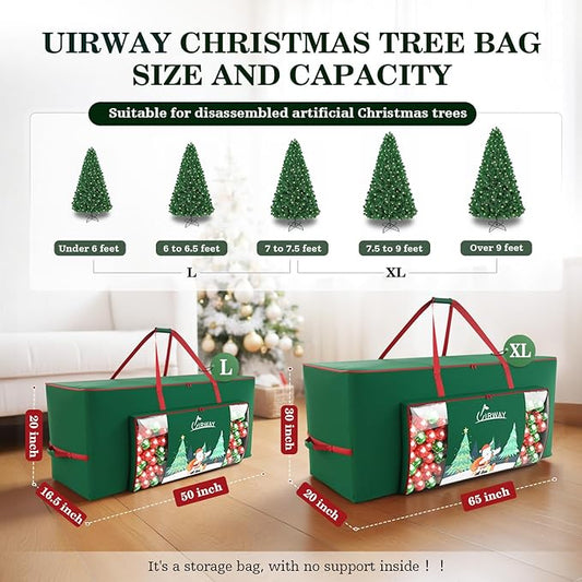 UIRWAY Christmas Tree Storage Bag- Fit for 7.5ft Artificial Trees, 600D Oxford Christmas Tree Bag with Transparent Pouch & Side Pocket, Extra Large Tree Bags with Sturdy Handles & Dual Zipper, Green