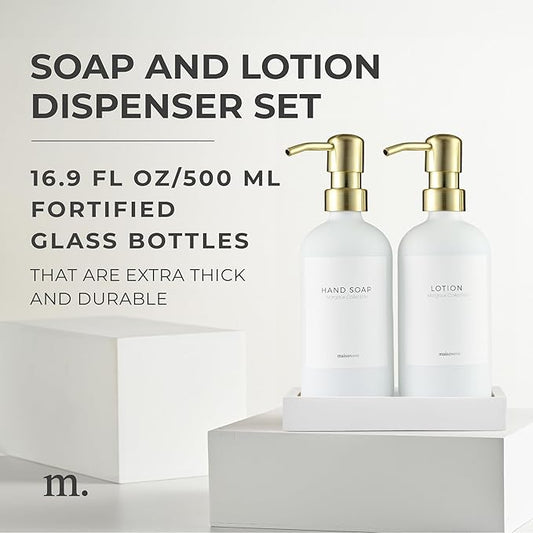 MaisoNovo Soap Dispenser 3-Piece Set | 16.9oz White Bottles Gold Plastic Pumps with Ceramic Tray
