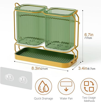 First-zgel Kitchen Utensil Holder Wall Mount, 6.7" Silverware Holder for Kitchen Countertop, Toothbrush Holders Utensil Drying Holder with Drain Tray for Silverware,Spatula (Green)