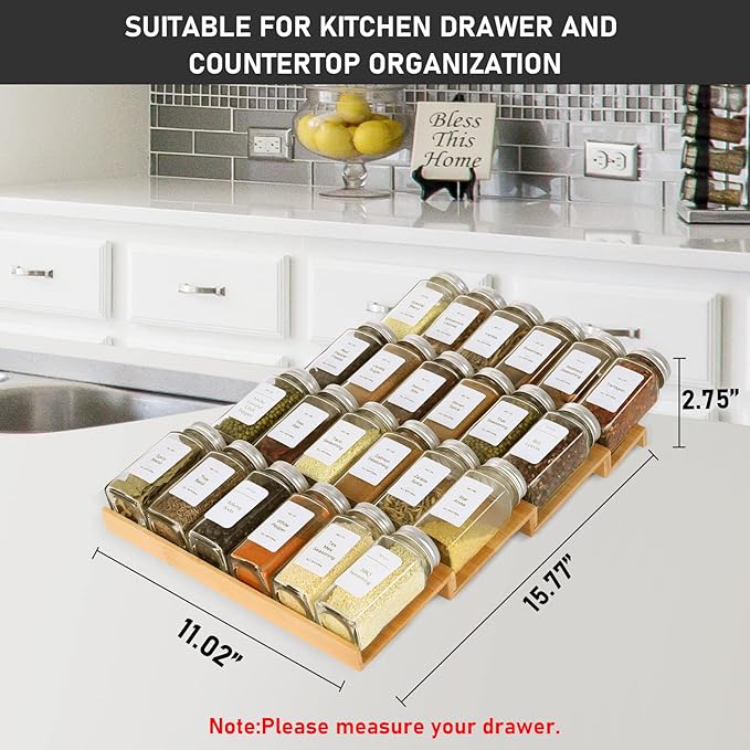 KitHero Spice Drawer Organizer with 20 Spice Jars,216 Labels,25 Non-slip Rubber, Bamboo 4 Tier Seasoning Rack Tray Insert for Kitchen Drawers,Cabinets,Countertop,11" Wide x 15.8" Deep
