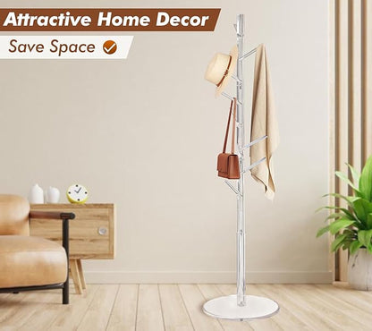 KOLUTI Acrylic Coat Rack Stand, with 8 Hooks 3 Section Adjustable Height, Hats Bags Jacket Clothes Scarves Hanger Organizer Tree Shaped Shelf Umbrella Holder, for Bedroom Entryway Living Room Office