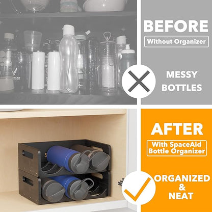 SpaceAid Bamboo Water Bottle Organizer with Labels, Kitchen Pantry Storage Rack for Cabinets, Home Cup and Wine Bottle Holder Shelf Organizers, 2 Pack 3-Slot, Black