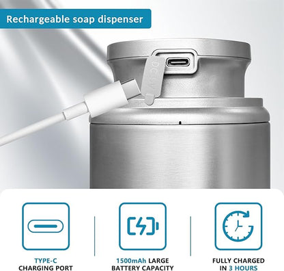 Mamiddle 12 oz. Automatic Soap Dispenser Stainless Steel with Sensor Infrared Soap Dispenser Electric IPX5 Waterproof USB-C Charging Motion Sensor for Kitchen & Bathroom (Silver Arc)