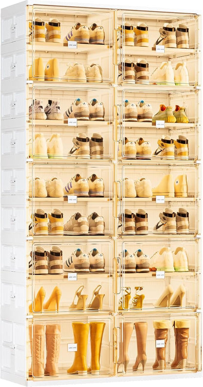 JEKO&JEKO 9-Tier Foldable Shoe Storage Box with Magnetic Doors, Large Stackable Shoe Organizer Cabinet for Entryway, Clear Front Door Shoe Boxes Hold Up to 36 Pairs (White)