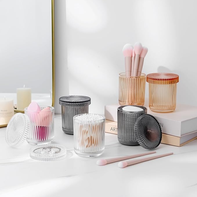 rejomiik Glass Qtip Holder Dispenser 2 Pack, Bathroom Canister Apothecary Jars with Lids, Vanity Makeup Accessories Storage Organizer for Cotton Swabs, Cotton Balls, Pads, Floss Picks, Gray