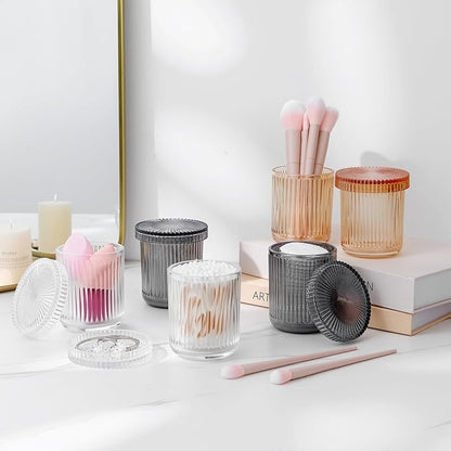 rejomiik Glass Qtip Holder Dispenser 2 Pack, Bathroom Canister Apothecary Jars with Lids, Vanity Makeup Accessories Storage Organizer for Cotton Swabs, Cotton Balls, Pads, Floss Picks, Gray