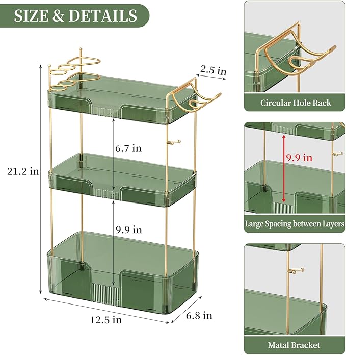 Weidace Bathroom Counter Organizer for Vanity, Makeup Organizer Countertop with Holder, Large Capacity Storage Rack, Perfect Large Skincare, Hair Care, Perfume, Easy to Install (Green, 3Tiers)