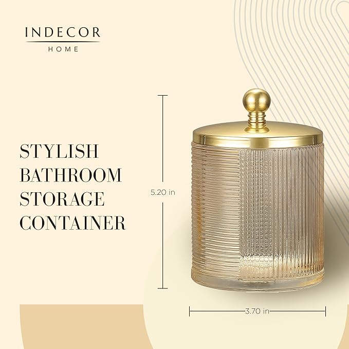 Indecor Home Tan Colored Tranlucent Apothecary Ribbed Geometric Etched Glass Jar W/Gold Metal Lid Cover for Bathroom Organization, Cotton Balls, Q Tips, and Small Accessories, Bathroom Storage