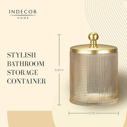 Indecor Home Tan Colored Tranlucent Apothecary Ribbed Geometric Etched Glass Jar W/Gold Metal Lid Cover for Bathroom Organization, Cotton Balls, Q Tips, and Small Accessories, Bathroom Storage