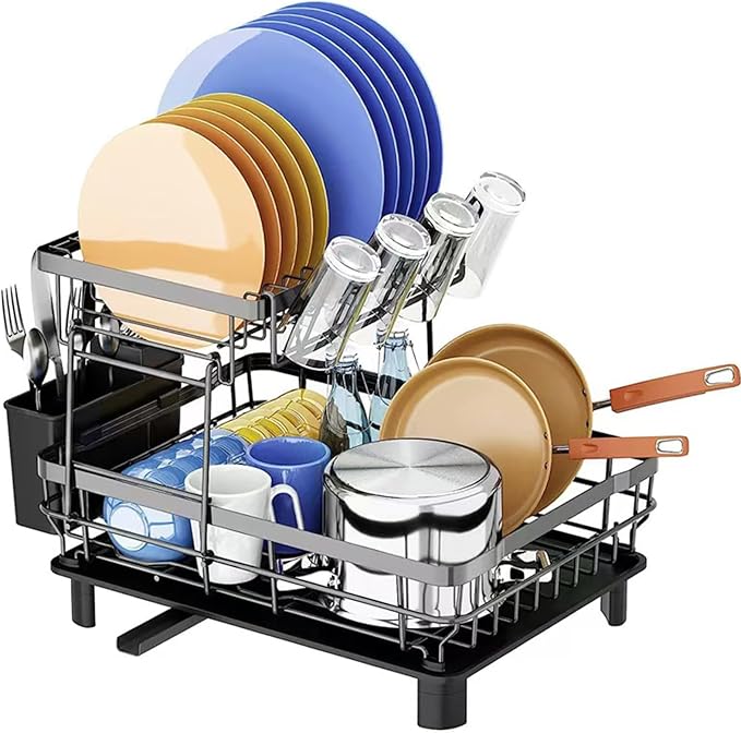 DMTXCRP Dish Drying Rack, Space Saving & Durable, Rust-Proof Large 2 Tier Stainless Steel Dish Racks for Kitchen Counter with Cutlery & Cup Holder & Drainboard -Grey