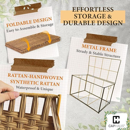 CAPHAUS Laundry Basket with Lid & Handles, Foldable Clothes Hamper, Large 65L Synthetic Rattan Storage Bin with 2 Removable Liner Bags, Collapsible Laundry Hamper, Brown