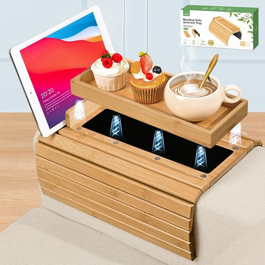 Joy&Grace Couch Arm Tray, 3-in-1 Magnetic Detachable Sofa Arm Table with Phone and Tablet Holder Bamboo Couch Cup Holder, Foldable Sofa Armrest Tray for Eating, Drinks, Phones (Natural)