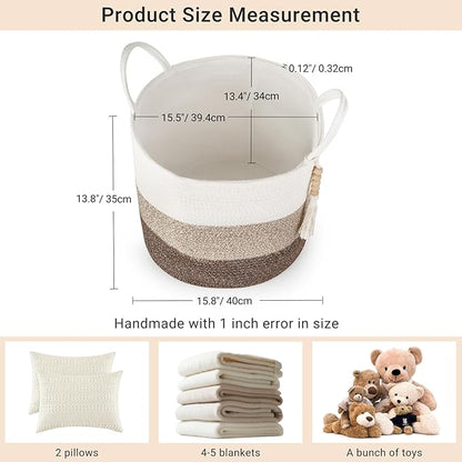 Mkono Woven Storage Basket Decorative Natural Rope Basket Wooden Bead Decoration for Blankets,Toys,Clothes,Shoes,Plant Organizer Bin with Handles Living Room Home Decor, 16"W × 13.8"L