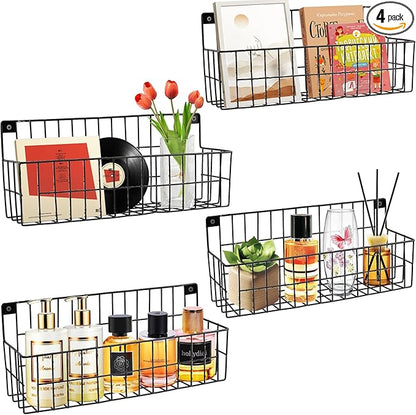 4 Set Extra Large Hanging Wall Wire Baskets, Hanging Wall Mount Storage Baskets, Metal Hanging Wire Basket for Organizing and Storage, Sturdy Wall Organizer for Home Kitchen Bathroom Storage, Black
