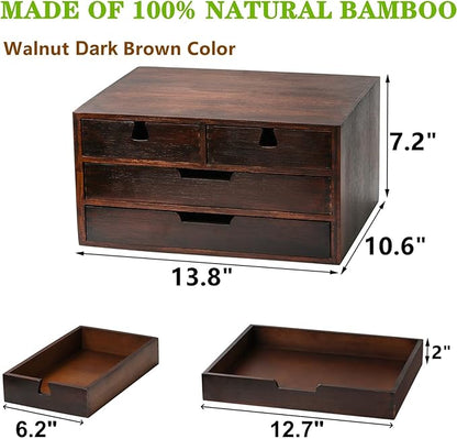 DEAYOU Bamboo Desk Organizer, 100% Natural Bamboo Desktop Drawer Organizer, Dark Brown Tabletop Storage Cabinet Organization Box with 4 Drawer for Makeup, Letter, Home, 3 Layer, Fully Assemble
