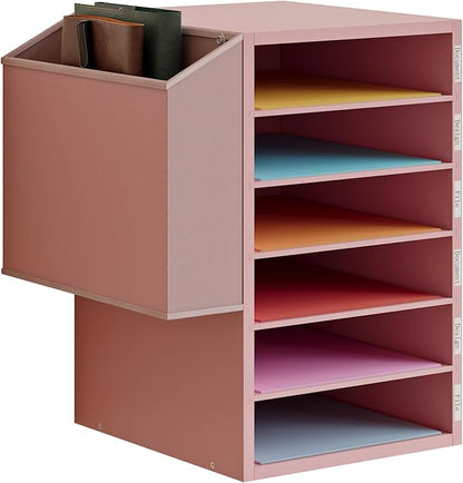 6 Tier Adjustable Countertop Mail Sorter, Mailboxes With Name Slots, Literature Organization Paper Storage Slot, Office Desk File Organizer, Wooden Desktop Mailbox for Classroom(Pink, 6 Slots)