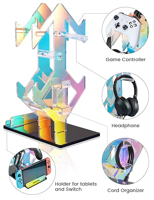 NiHome Iridescent Acrylic 2-Tier Universal Game Controller Headset Holder Rack, Modern Storage Organizer for PS5 Xbox ONE Switch Game Controllers and Headphones Anti-Slip Stable Gaming Accessory Stand