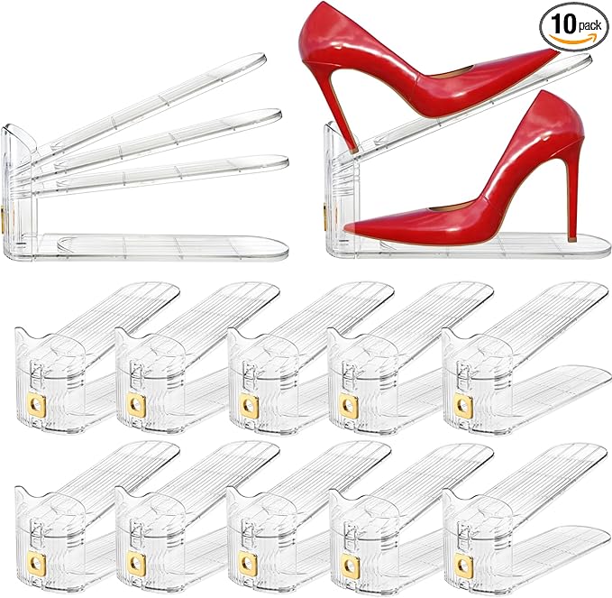 10 Pack Clear Shoe Slot Organizer, 11" Adjustable Shoes Stacker for Closet, Double Deck Display Shelf for a Pair of Shoes, Anti-slip Shoe Rack Holder Storage Space Saver