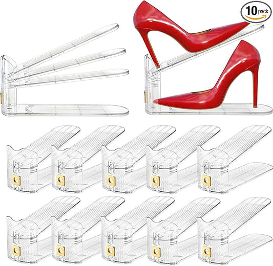 10 Pack Clear Shoe Slot Organizer, 11" Adjustable Shoes Stacker for Closet, Double Deck Display Shelf for a Pair of Shoes, Anti-slip Shoe Rack Holder Storage Space Saver