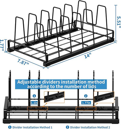 GAGUIUP Food Container Lid Organizer, Adjustable 6 Dividers Full-Metal Pot and Pan Organizer Rack for Kitchen Cabinets, Drawers, Cupboards, Pantry Shelves Storage, Black