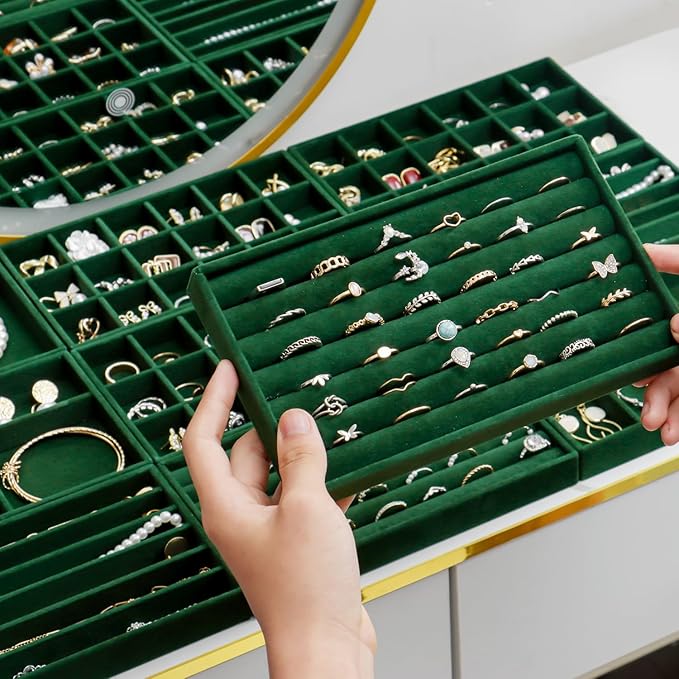 SPAKOWN Jewelry Organizer for Drawer, Adjustable Velvet Jewelry Tray, Stackable Necklace Organizer Earring Holder Organizer Ring Tray Jewelry Storage Display Drawer Inserts Set of 9 (Green)