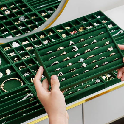SPAKOWN Jewelry Organizer for Drawer, Adjustable Velvet Jewelry Tray, Stackable Necklace Organizer Earring Holder Organizer Ring Tray Jewelry Storage Display Drawer Inserts Set of 9 (Green)