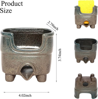 wowhalolo Ceramic Sponge Holder with Drainage, Farmhouse Sink Caddy Organizer, Self Draining Design for Sponges,Soap,Brushes, Compact Rustic Kitchen Accessory, Keeps Counter Dry（Country Blue）