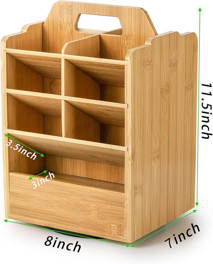 SOUJOY Bamboo Pen Holder Organizer, 360°Rotating Art Supply Storage Caddy, Hold 400+ Pencils, 15 compartments Office Desk Stand Box with Handle for Marker Pens, Colored Pencil, Art Brushes