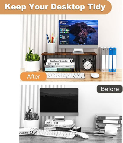Desk Shelf, 2 Tier Wood Desktop Bookshelf, Adjustable Freestanding Stackable Desk Organizer, Desktop Shelf Organizer Storage Rack, Desk Display Rack for Office, Home, Rustic