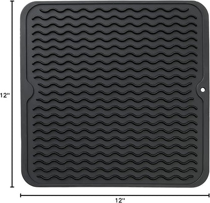 Silicone Dish Drying Mat for Multiple Usage,Easy clean,Eco-friendly,Heat-resistant Silicone Mat for Kitchen Counter or Sink,Refrigerator or Drawer liner Black M 12 inches x 12 inches
