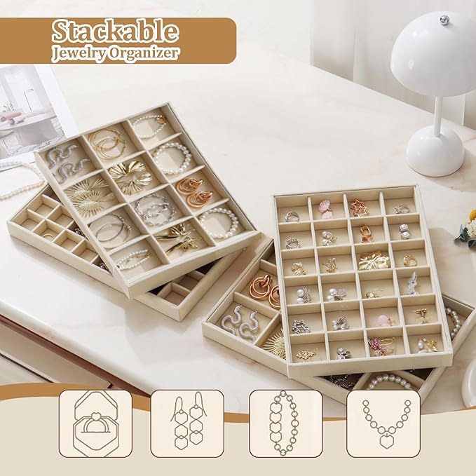 KATISYIO Large Jewelry Drawer Organizer Trays Set of 4, Stackable Velvet Jewelry Trays Organizer Holder Display Storage Showcase for Earring Necklace Bracelet Ring Accessary (Beige, 12+12+24+48 Grids)