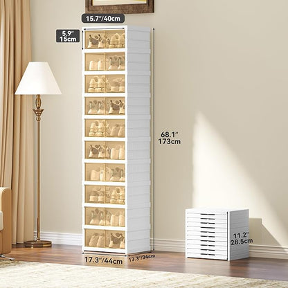 YITAHOME 10 Tier 20 Pairs Foldable Shoe Storage Box, Plastic Shoe Organizer with Magnetic Doors for Closet, Collapsible Sneaker Rack for Entryway Living Room Bedroom (White)