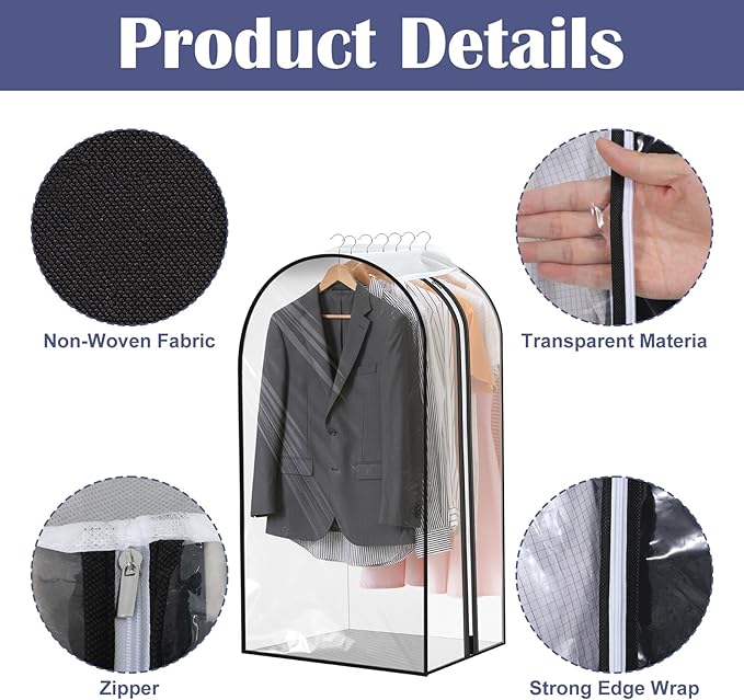 Clear Garment Bags for Hanging Clothes Gusseted Storage Covers PEVA Material Breathable Side Zipper Closet Organizer for Dresses Coats Suits 4 Pack 40" x 24" x 10"