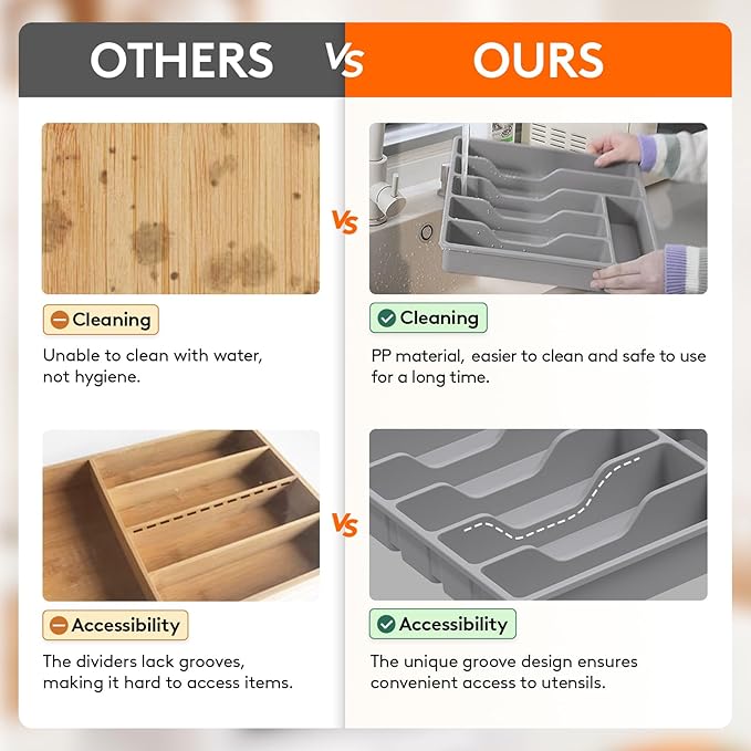 Lifewit Silverware Drawer Organizer Tray, Plastic Cutlery Storage for Kitchen Drawer, Flatware and Utensil Holder Divider for Spoons Forks Knives Tableware, 6 Compartment, Gray