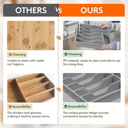 Lifewit Silverware Drawer Organizer Tray, Plastic Cutlery Storage for Kitchen Drawer, Flatware and Utensil Holder Divider for Spoons Forks Knives Tableware, 6 Compartment, Gray